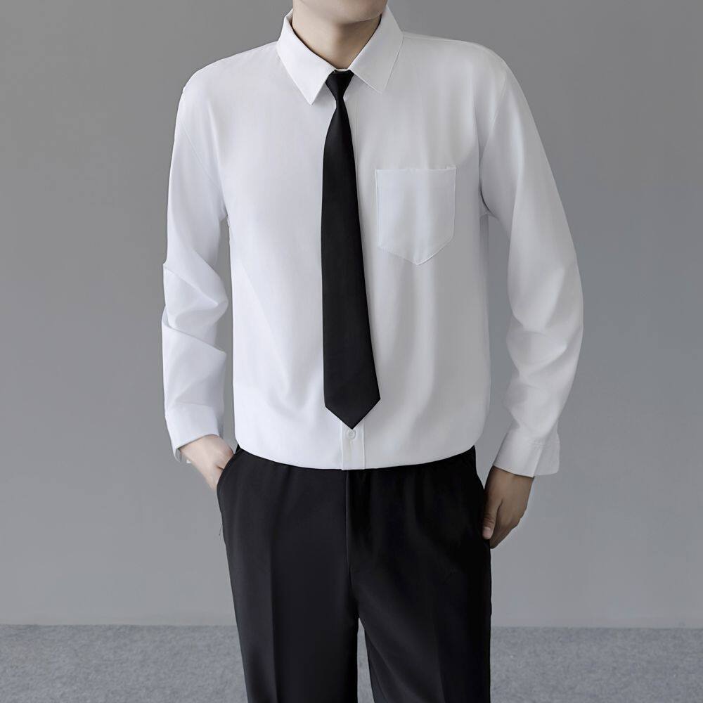 白色长袖衬衫男宽松纯色休闲男生DK制服长袖毕业韩版潮流垂感衬衣