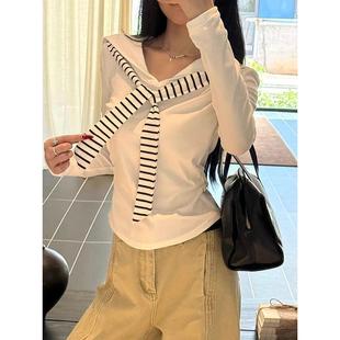 欣旺官图随心裁260克11甜美条纹领带假两件长袖 t恤上衣