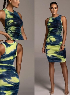 2024年新款夏季亚马逊女装性感无袖印花中长裙修身背心连衣裙