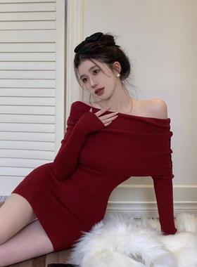 春款女装2025年新款高级感长袖一字肩针织连衣裙红色包臀短裙子女