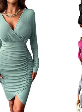 欧美亚马逊wish性感收腰显瘦包臀连衣裙女装冬季新品纯色长袖裙