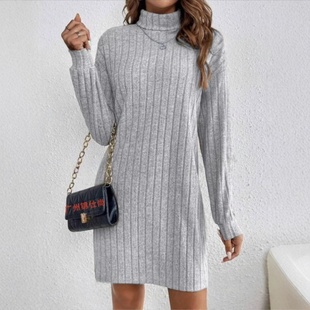 高领长袖 磨毛条纹秋季 连衣裙 中长裙子时尚 亚马逊2025欧美女装