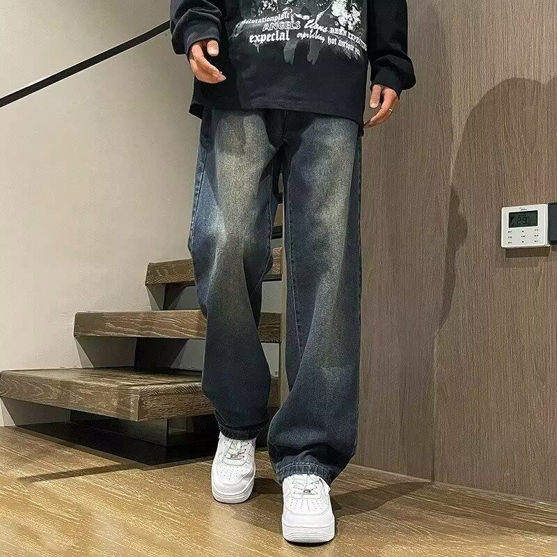 美式牛仔裤男士夏季新款阔腿休闲复古蓝色宽松直筒长裤子潮流显高
