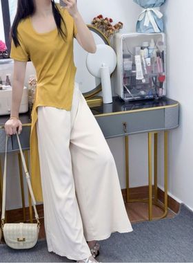 甜辣妹套装女夏季新款个性小众绑带黄色上衣配垂感杏色裤裙两件套