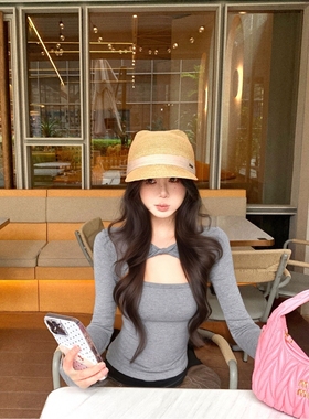 MR螺纹德绒扭结镂空T恤女冬季灰色修身长袖内搭打底衫纯欲上