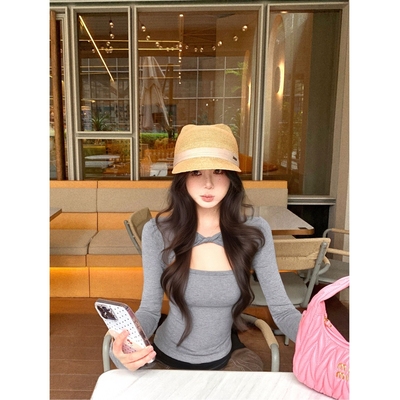 MR螺纹德绒扭结镂空T恤女冬季灰色修身长袖内搭打底衫纯欲上