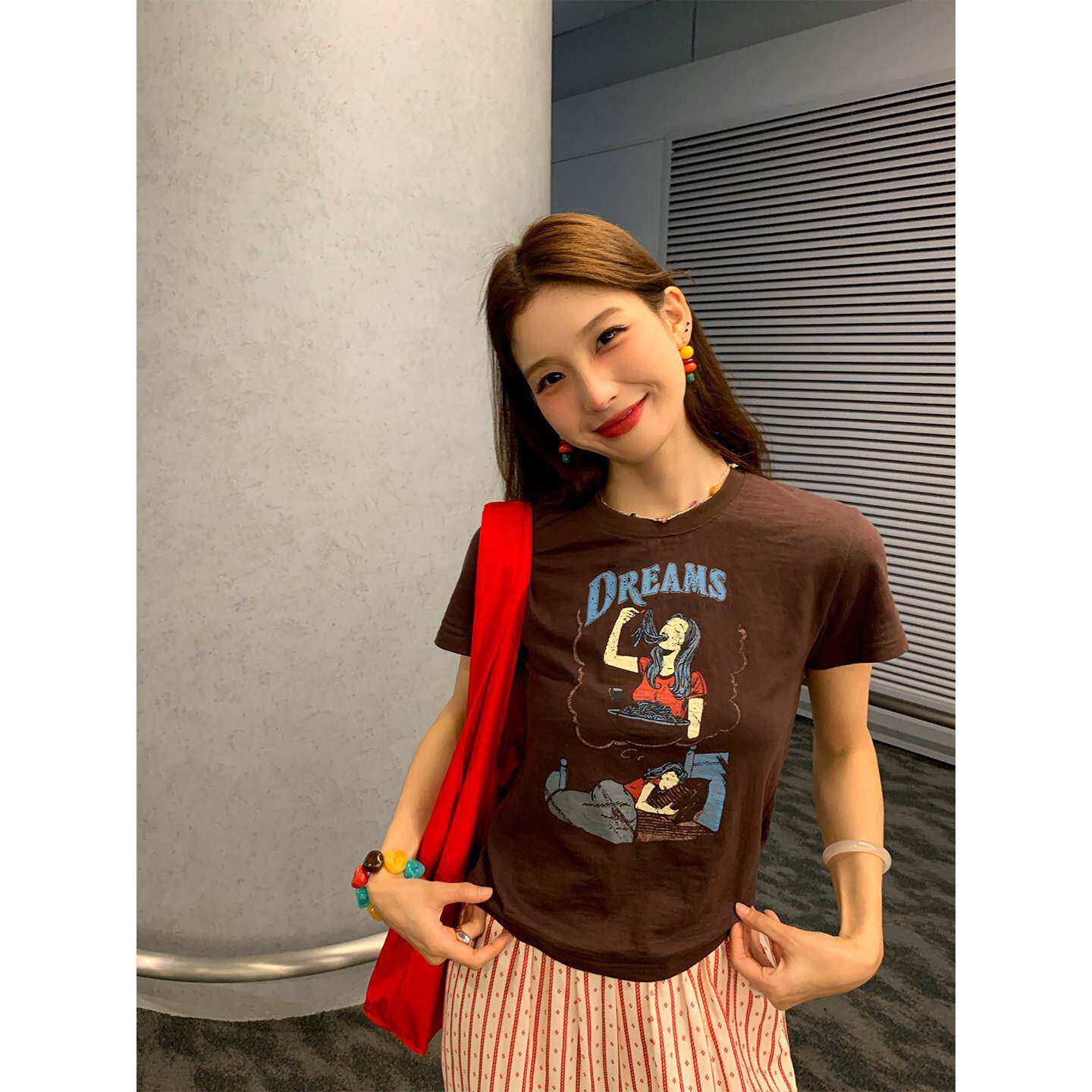 今屿花花 短袖女t恤2025新款咖啡色印花上衣小个子轻熟小众不撞款