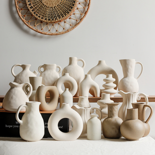 侘寂风白色陶瓷素胚素烧花瓶组合摆件水培玄关装饰摆件展示架粗陶