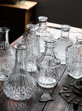 马德里花瓶西班牙法式复古玻璃北欧浮雕客厅插干花装饰摆件小花瓶