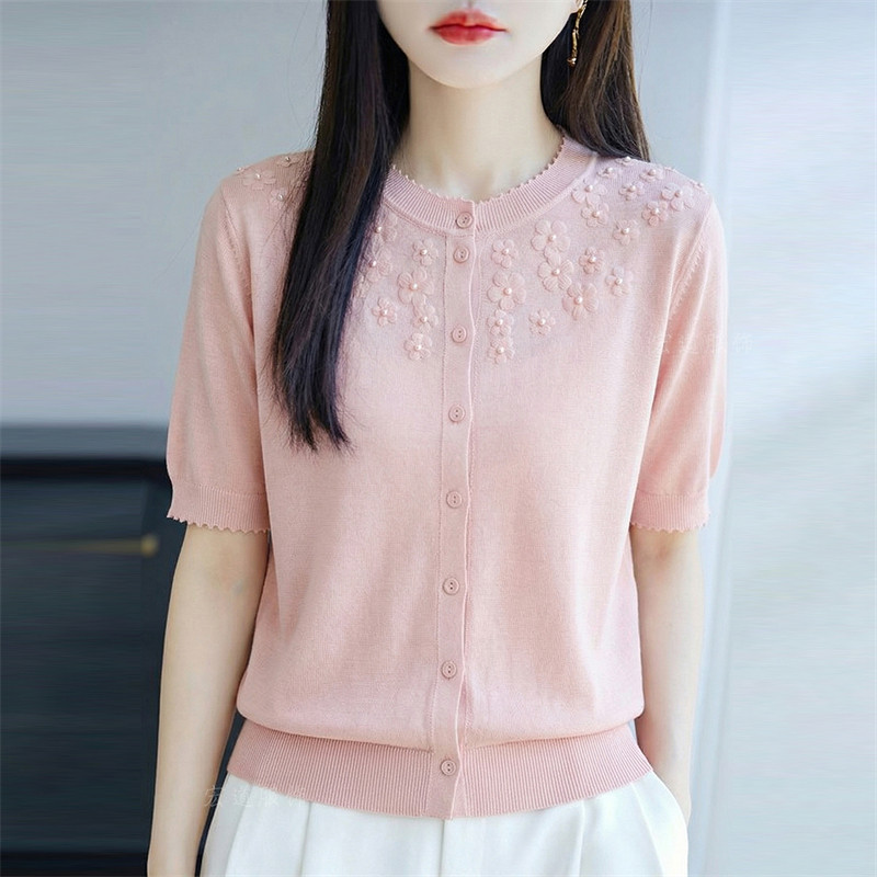 高端桑蚕丝立体花圆领短袖t恤针织开衫女夏季单排扣提花薄款上衣