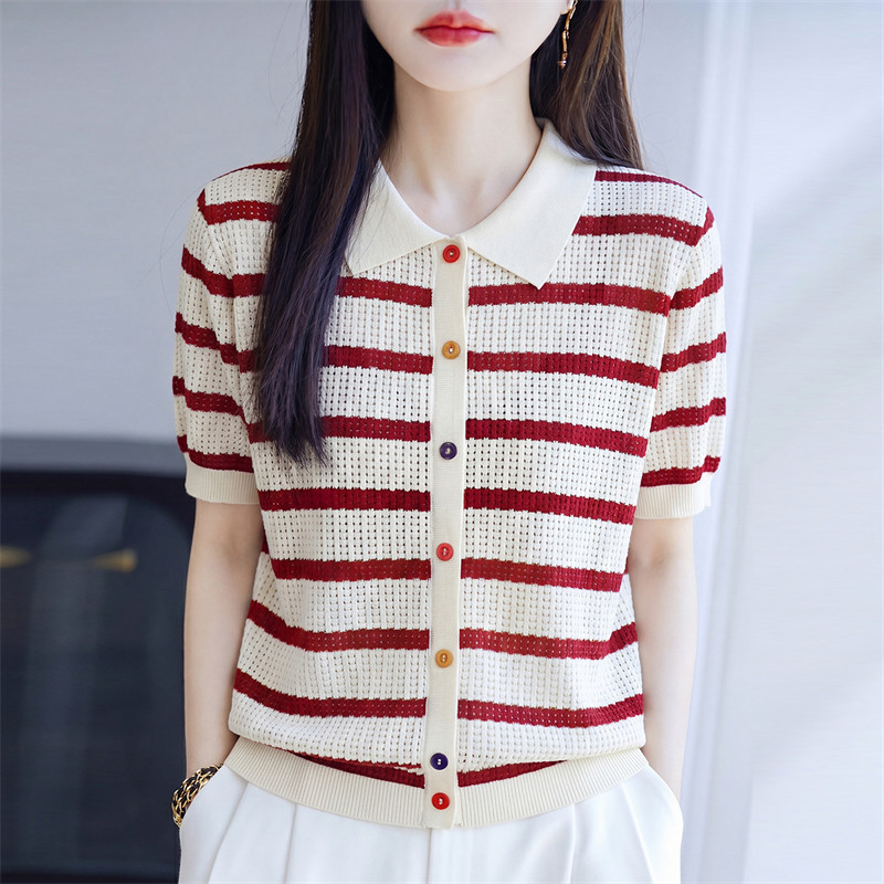 天丝莱塞尔撞色条纹POLO领针织衫女短袖纽扣开衫翻领百搭显瘦上衣