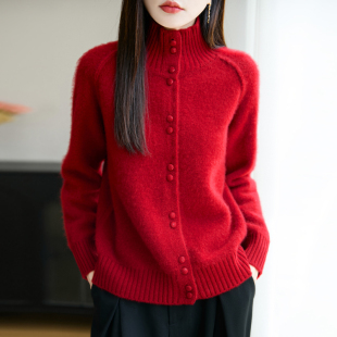 秋冬加厚羊毛衫立领红色毛衣女纽扣针织开衫宽松显瘦保暖外套