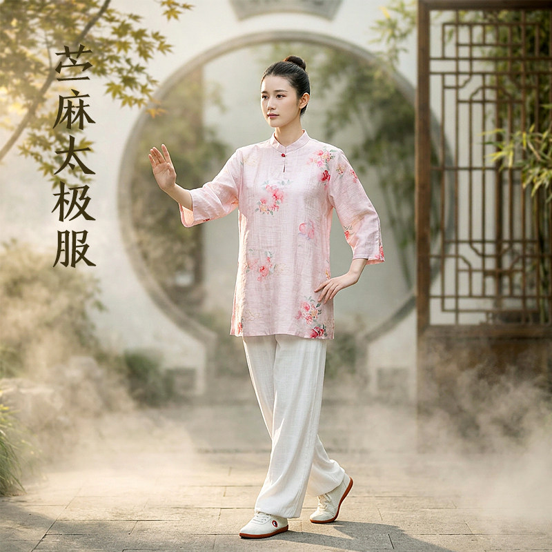 武唐记夏季太极服棉麻太极服中国风表演印花立领七分袖春夏练功服
