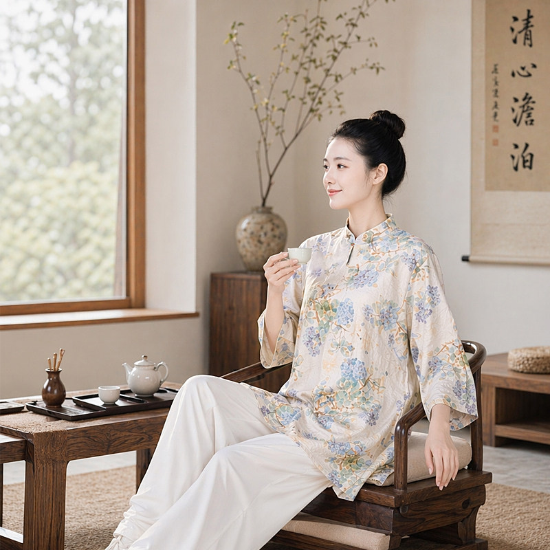 武唐记新中式立领太极服女款印花太极服女夏季宽松百搭国风上衣