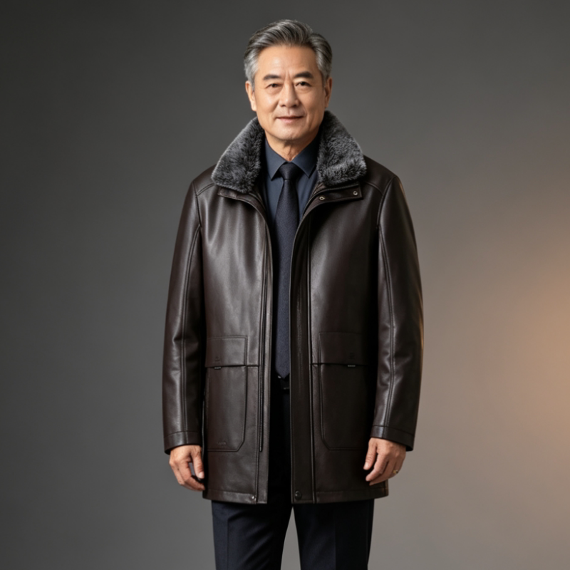 冬季新款爸爸装休闲翻领皮衣男士皮外套加厚中老年皮棉衣内胆脱卸