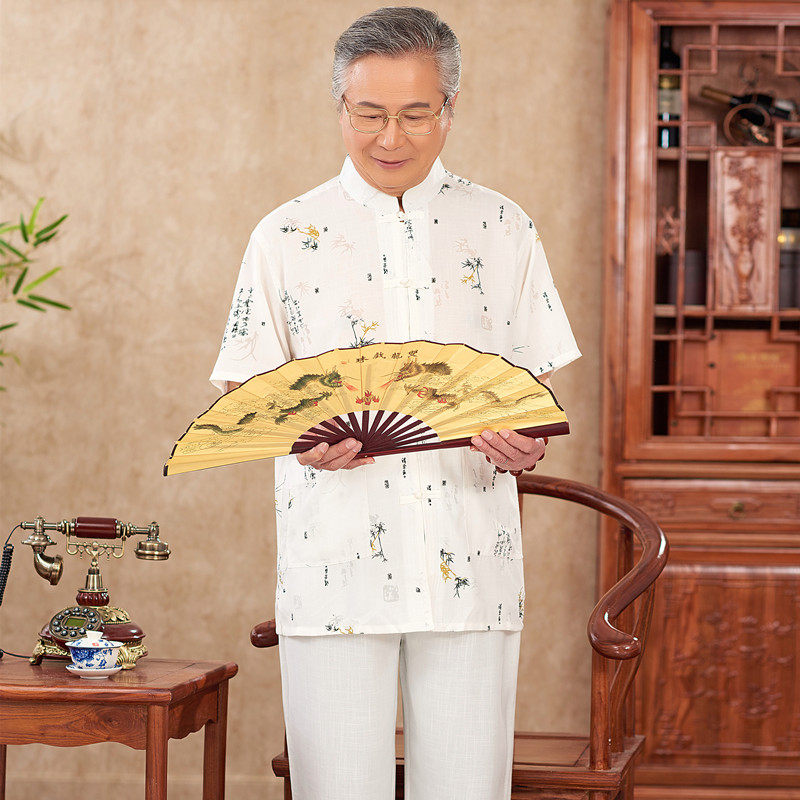 grandpa Tang costume Summer wear suit Chinese style men's wear shirt Middle-aged and elderly people Short sleeved t-shirt Cotton and hemp Hanfu Dad installedin the Men's clothing, National costume  category - from Buy2taobao.com to provide professional Taobao agent buy service