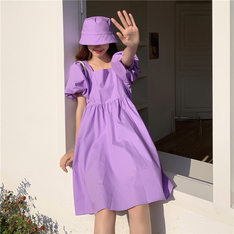 Real price bubble sleeve temperament Platycodon French square neck sweet dress with two-piece fisherman's hat