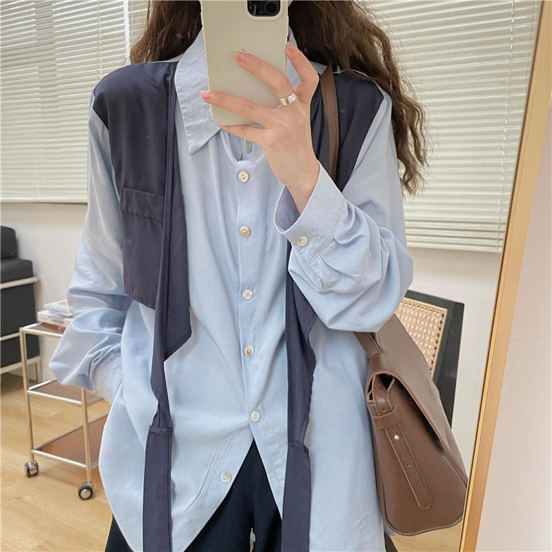 Real price early spring 2021 design fake two shirts loose show thin temperament versatile top girl