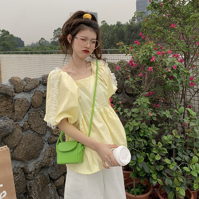 Real price summer new style square neck bubble sleeve nail bead short sleeve top