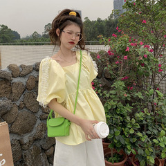 Real price summer new style square neck bubble sleeve nail bead short sleeve top