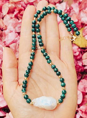 绿色孔雀石优雅锁骨链巴洛克珍珠