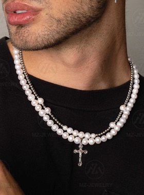 925银十字架淡水珍珠项链时髦男