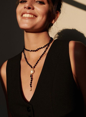 欧洲小众设计天然黑玛瑙长款珍珠