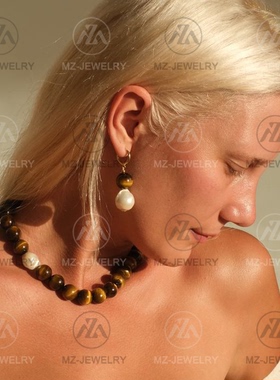 欧美天然白水晶黄虎眼石珍珠项链