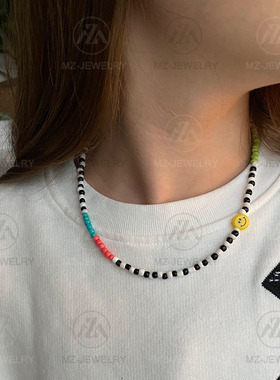 欧美小众设计千花琉璃花笑脸项链