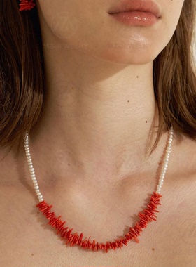 淡水珍珠拼接红海竹项链时髦气质