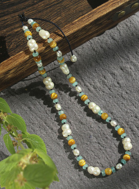 高端天然金虎眼石巴洛克珍珠玛瑙毛衣链项链复古优雅女短款锁骨链