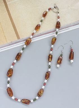 天然蜜蜡花珀项链淡水珍珠