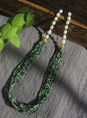 天然红绿宝石淡水珍珠项链毛衣链