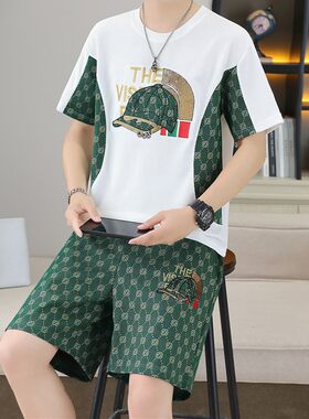 欧货AN&LV/岸绿休闲运动套装男夏季潮牌潮流短袖男装一套搭配帅气