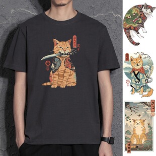 浮世绘纯棉T恤橘猫短袖柴犬周边猫奴日系和风情侣装衣服男女t桖