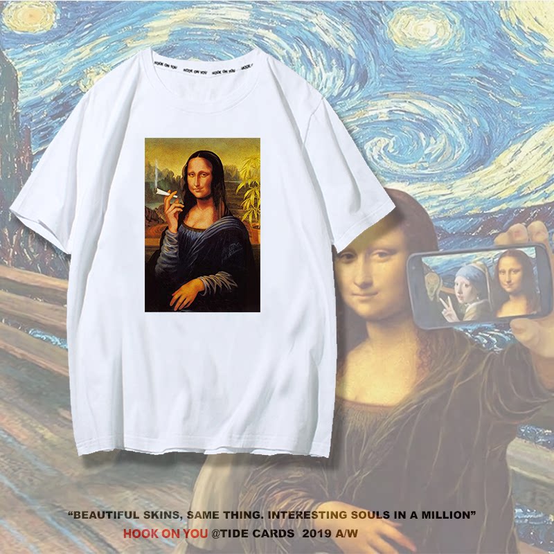 外贸新款印花蒙娜丽莎玩吉他男士短袖T恤打底衬衫