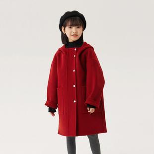 女童双面羊绒大衣2025秋冬新款男童连帽加厚中长款儿童毛呢外套