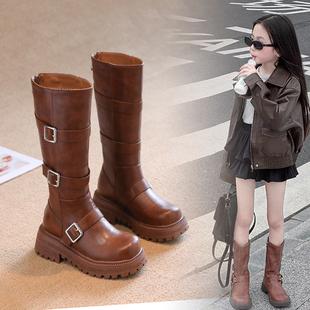 女童高筒靴子2025秋冬加绒公主皮靴黑色走秀演出马丁儿童长靴单靴