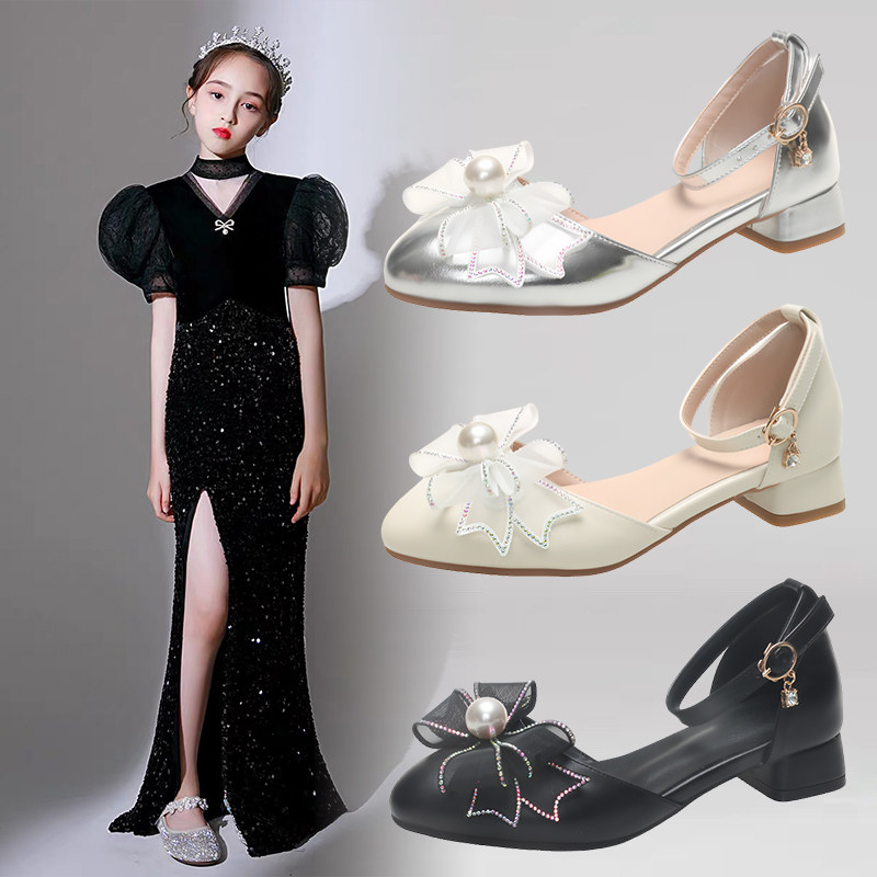 女童可爱公主风蝴蝶结包头凉鞋中大童低跟珍珠优雅水晶鞋春夏新款