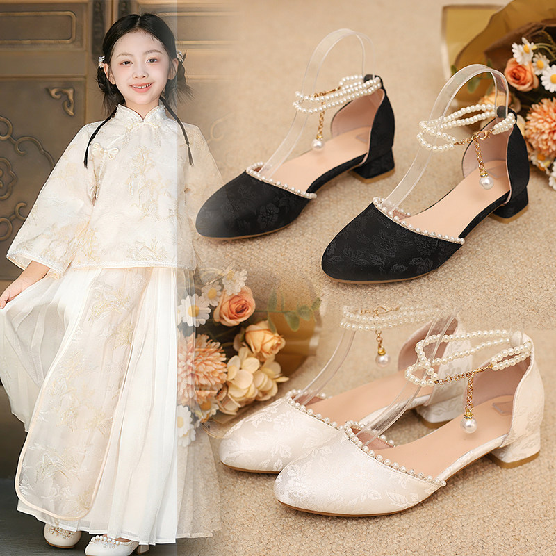 女童包头凉鞋夏季新款粗跟珍珠中国风公主鞋百搭配裙子儿童高跟鞋