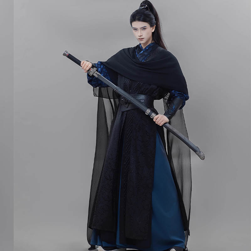 【永夜】蓝蝶刺绣黑蓝套装汉元素坎肩对襟交领长衫男女