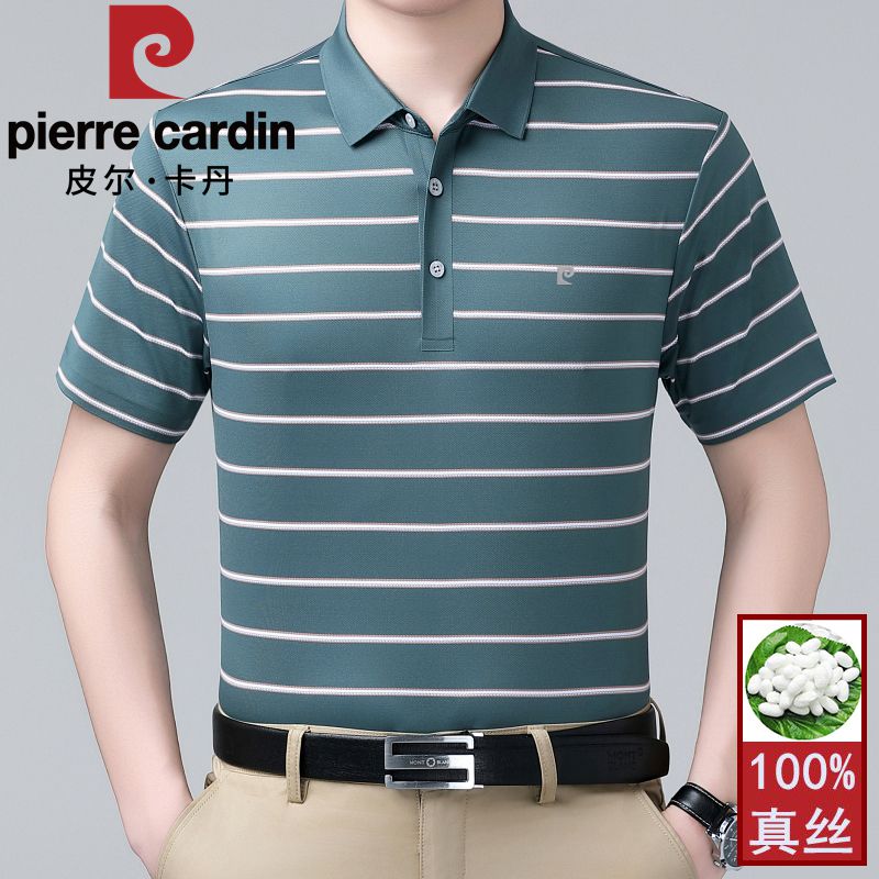 100纯桑蚕丝T恤衫男士短袖皮尔卡丹专柜正品高端中年爸爸条纹翻领图片