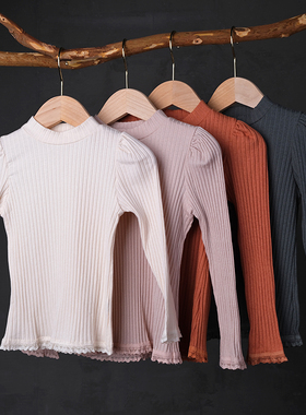 韩国进口puell儿童莫代尔打底衫纯色坑条纹圆领长袖上衣