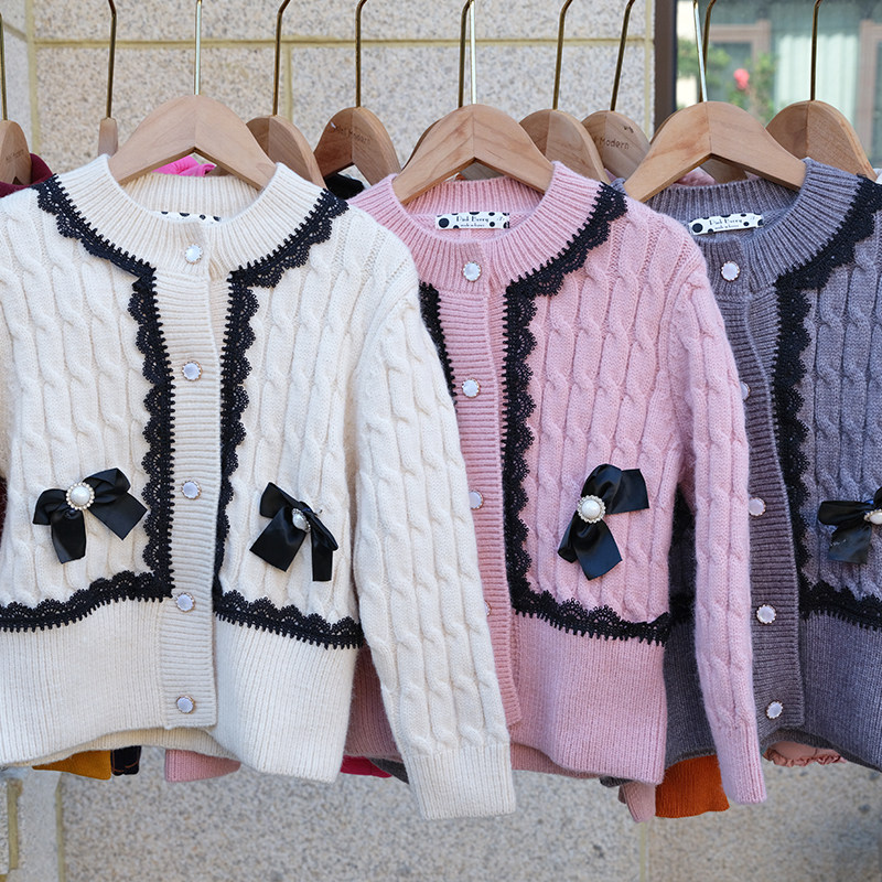 韩国进口秋冬小香风麻花开衫蕾丝花边珍珠蝴蝶结撞色针织毛衣外套