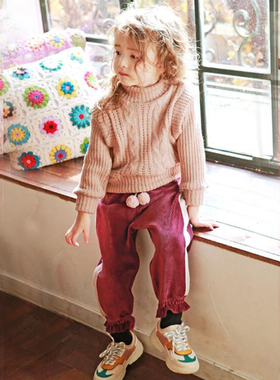 韩国进口Puell秋冬男女童加厚花纹长袖毛衣千鸟格灯芯绒收口长裤