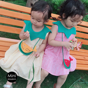 韩国进口夏季薄款女童纯棉大花领小鱼包连衣裙可爱百搭洋气公主裙