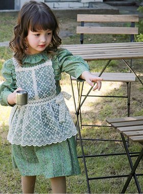 韩国Puell春秋女童纯棉荷叶碎花长袖连衣裙蕾丝花朵镂空吊带围裙