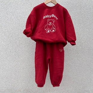 韩国进口秋冬男女童时尚舒适加绒加厚纯棉长袖卫衣卫裤套装拜年服