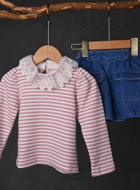 韩国Puell春秋女童时尚纯棉蕾丝花边领长袖T恤衬衣口袋牛仔半身裙