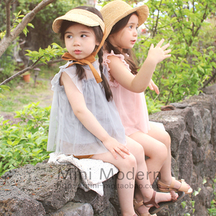 韩国进口夏薄款仙仙的女童飞袖纱纱上衣 舒适柔软镂空公主风衬衣